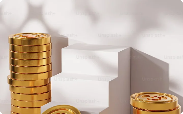 Visual showing three stacks of coins and a flight of stairs.